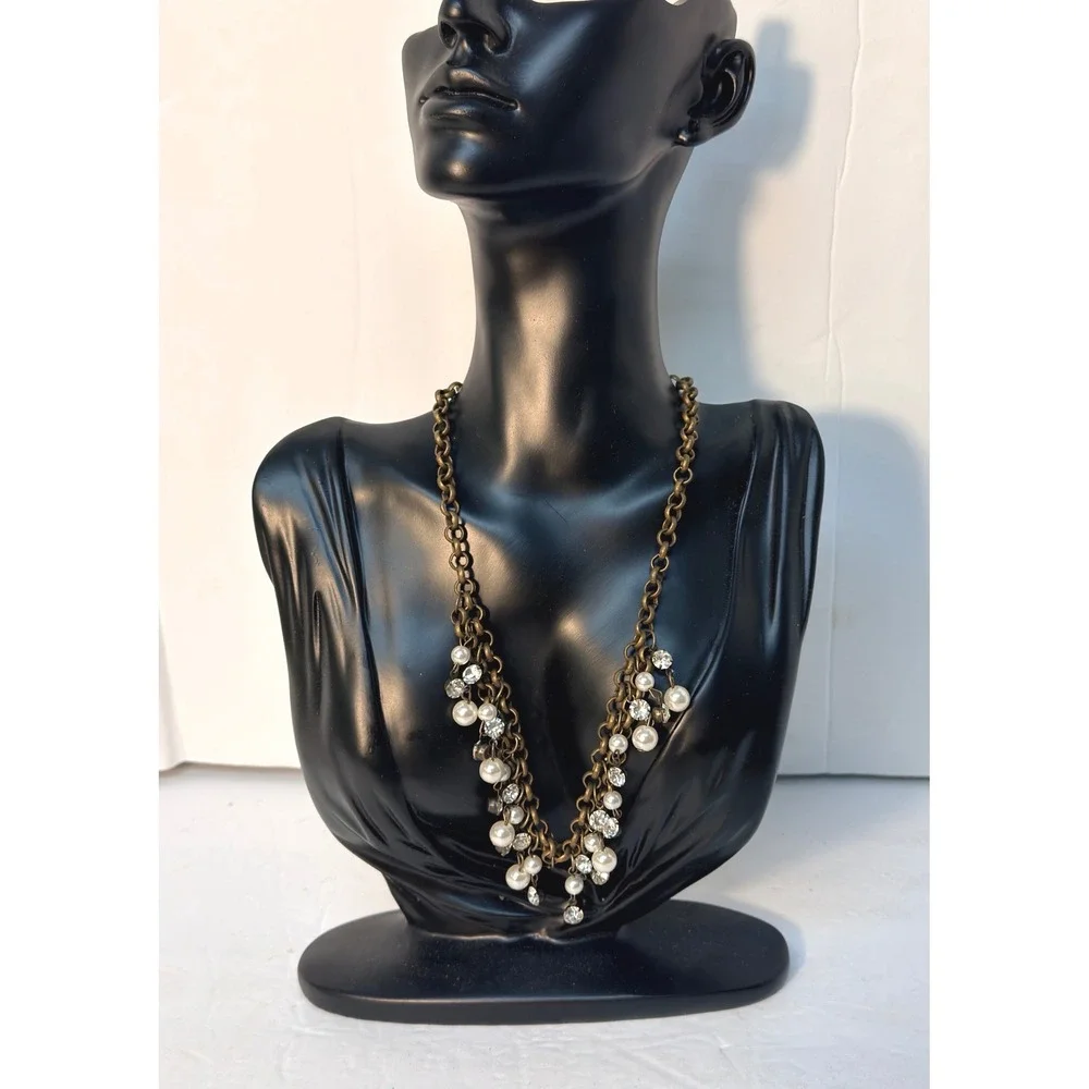 Brass Tone Faux Pearl Rhinestone Multi Strand Bib Necklace
